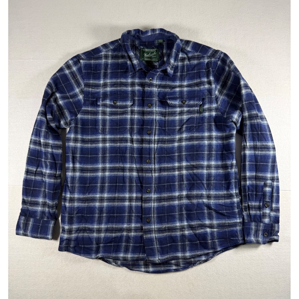 Woolrich Mens XL Blue White Plaid Flannel Button Down Shirt Cotton Long Sleeve